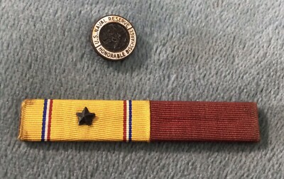 Vintage U.S. Naval Reserve Honorable Discharge Lapel Button & Ribbon Bar Pin Lot