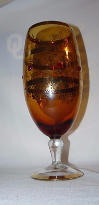 Unique Very Unusual Amber Vase Gold Trim Clear Base Pedestal Red Rhinestones