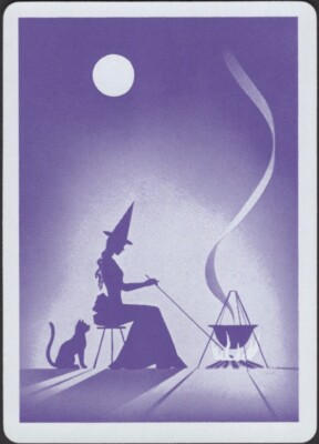 Spielkarten Einzelkarte alt Vintage breit * KESSEL HEXE + SCHWARZE KATZE Bild