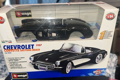 Burago 1957 Black Chevrolet Corvette Daytona Beach 1:24 Die Cast Kit New Free SH