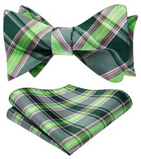 Bow Ties for Men Light Green Grey Plaid Self Tie Bow Tie and Pocket Square Cl...