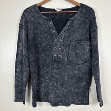 BiBi Women Small Henley Top Charcoal Gray Acid Wash Waffle Knit IP4242