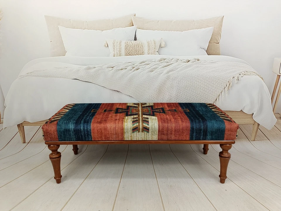 Ethnic Pattern Upholstered Mid Firm Handmade Ottoman Bench Wood Work Piano Bench - Image 2 of 4