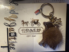NWOT COACH Brown Minky REINDEER Gold KEYCHAIN RARE Key Ring Christmas Xmas HTF