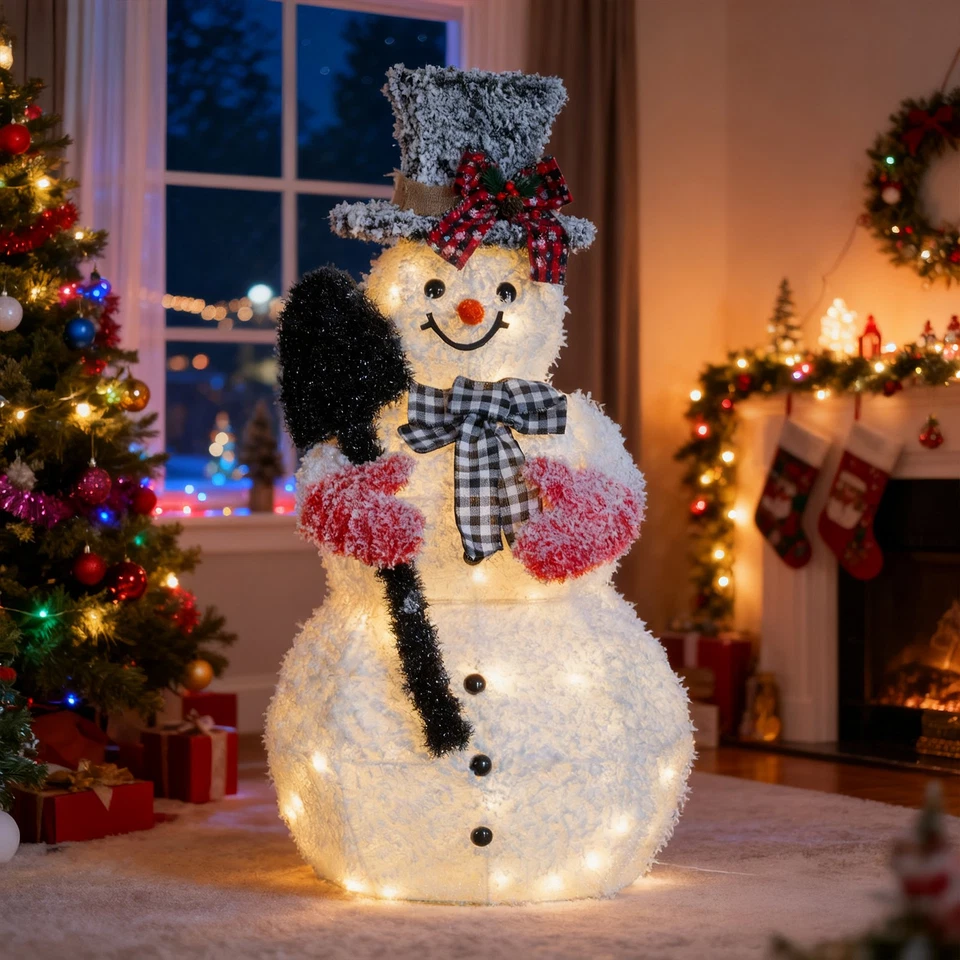 3FT Lighted Snowman Holding Spade Christmas Decorations, Pre-lit Holiday Decor