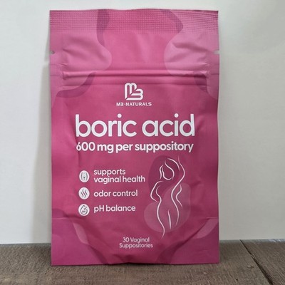 M3 Naturals Boric Acid Vaginal Suppositories for Women, PH, 600 mg, 30ct each
