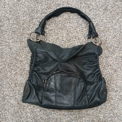 B. Makowsky Leather Magnetic Flap Metallic Gray With Handles Shoulder Bag