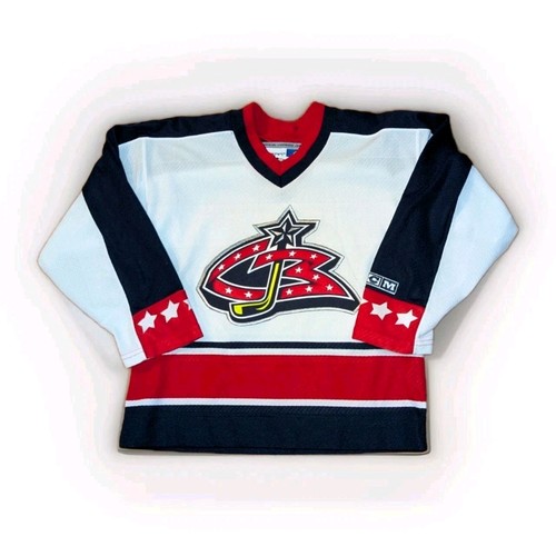 Columbus blaue Jacken CCM NHL genäht bestickt Hockey Trikot Jugend Gr. Small - Bild 1 von 10