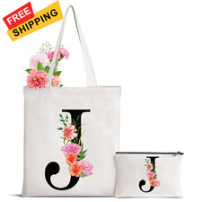 Sanuurfky Personalized Initial Canvas Tote Bag Letter Makeup Large, Flower-j 