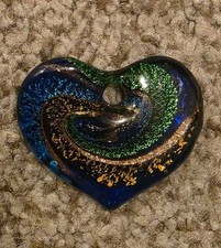 Heart Charm Glass Pendant, Blue Green Gold Glass Love Theme, Heart Shaped