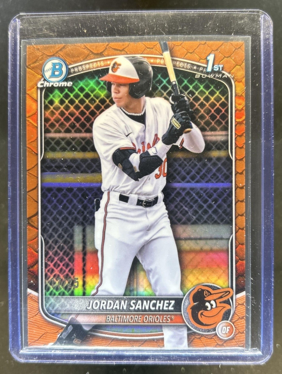 2025 Bowman Chrome Jordan Sanchez Reptilian Orange Refractor 1st #/25 Orioles