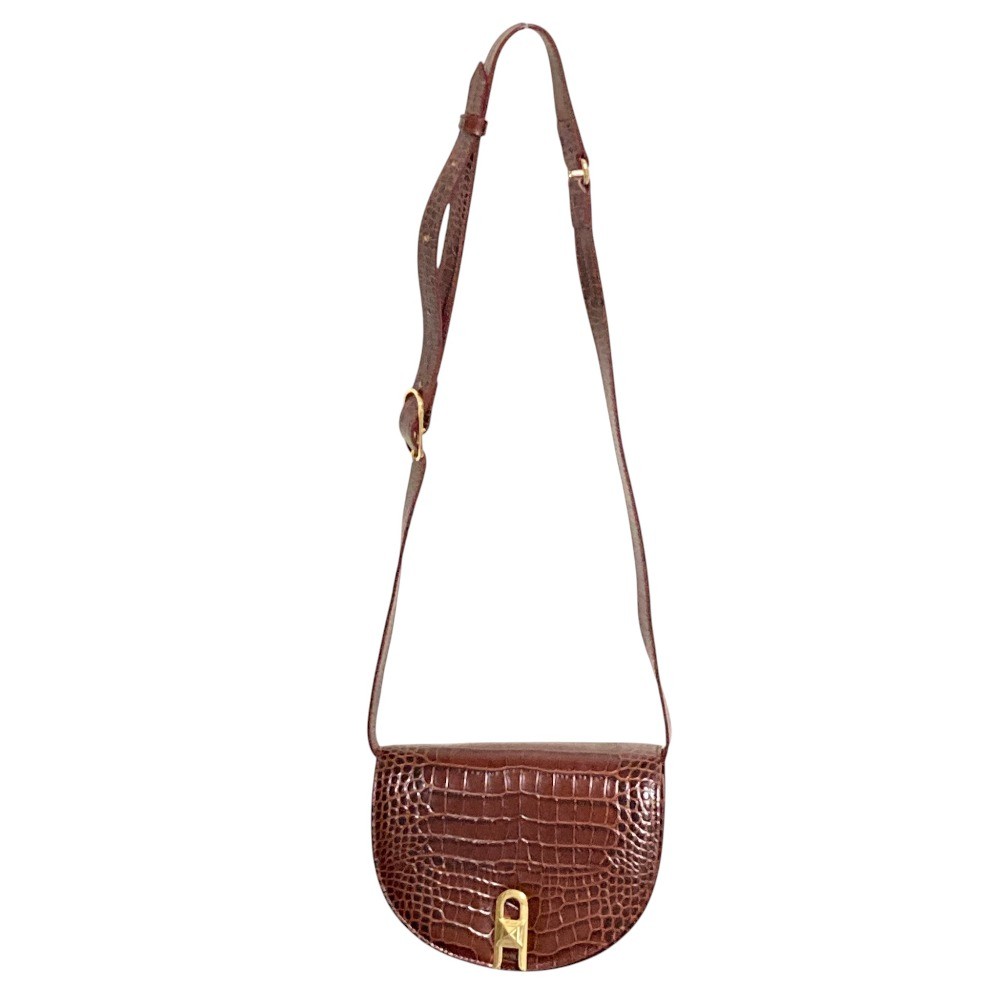 SALAR Crocodile Embossed Shoulder Bag, Brown Women USED
