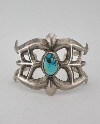 Vtg Navajo Sandcast Sterling Silver High Grade Fox Turquoise Cuff Bracelet 41.3g