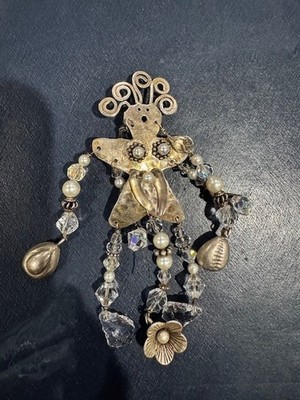 Artisan Signed V R Sterling Gemstone, Pearl, and glass Beads Pin Brooch 