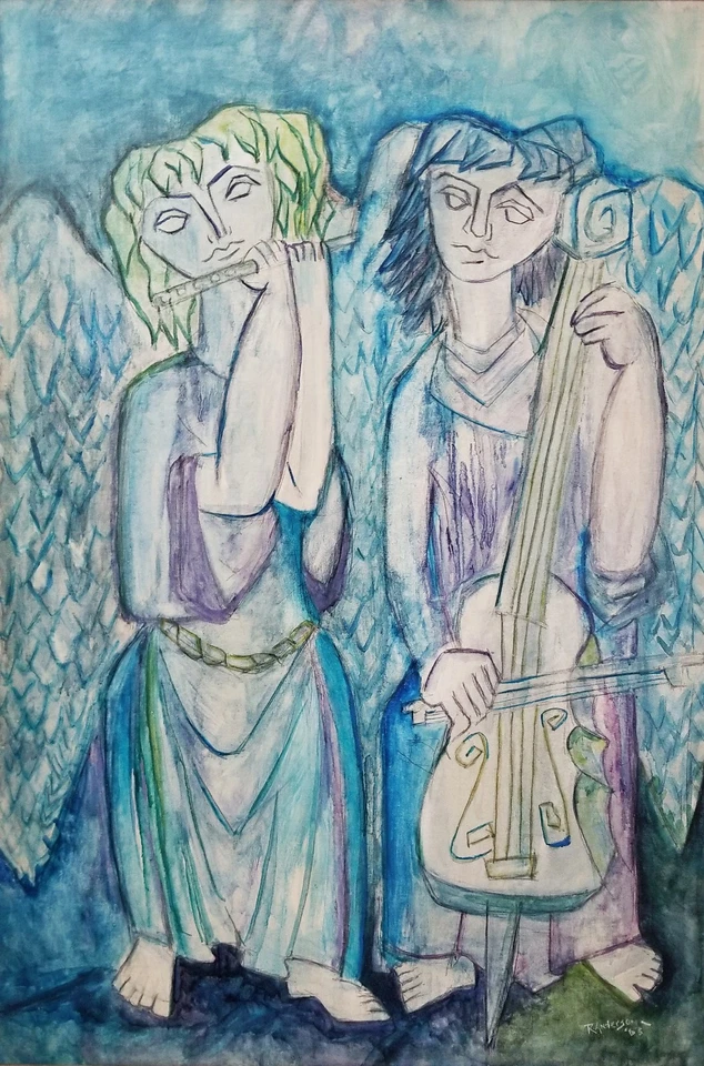 БОЛЬШОЙ СТАРИННЫЙ АНГЕЛ КАРТИНА МАСЛОМ ~ ПОДПИСАННЫЙ ~ 1963 СЕРЕДИНЫ ВЕКА СОВРЕМЕННЫЙ ~ В РАМКЕ - Изображение 2 из 4