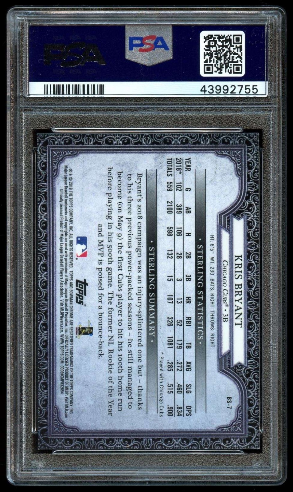 2019 Bowman Sterling Continuity Superfractor #BS7 Kris Bryant 1/1 PSA 9 MINT view 2