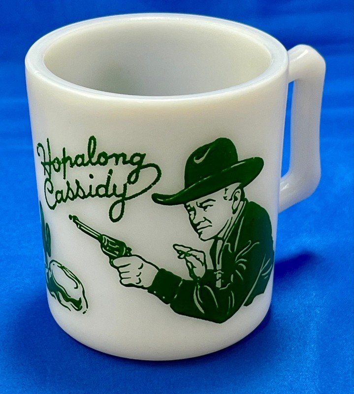 Hopalong Cassidy – Child’s Mug – Milk Glass with Green Design – Vintage (1950s)
