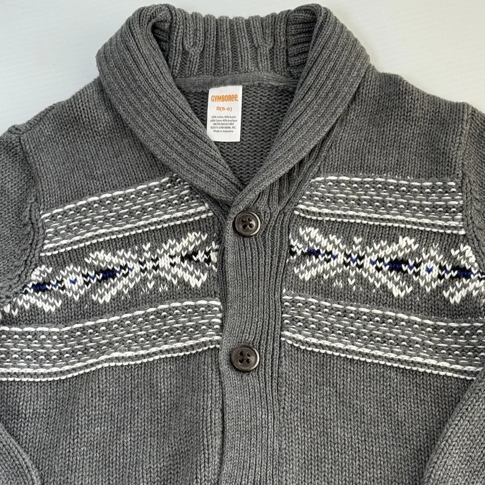 Gymboree Size S 5/6 Gray White Fair Isle Button Up Cardigan Sweater Grandpa Warm - Image 2 of 4