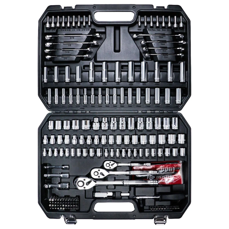 202-piece mechanics tool socket set with three drives