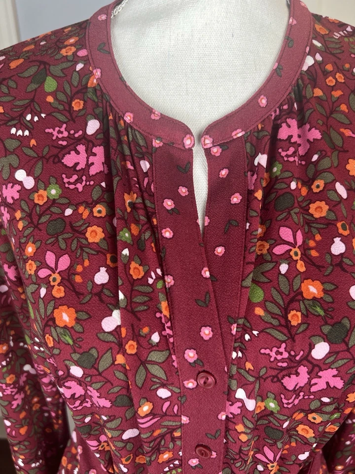 Vestido Talbots outono floral com cinto tamanho pequeno manga longa laranja cranberry contraste - Imagem 3 de 4