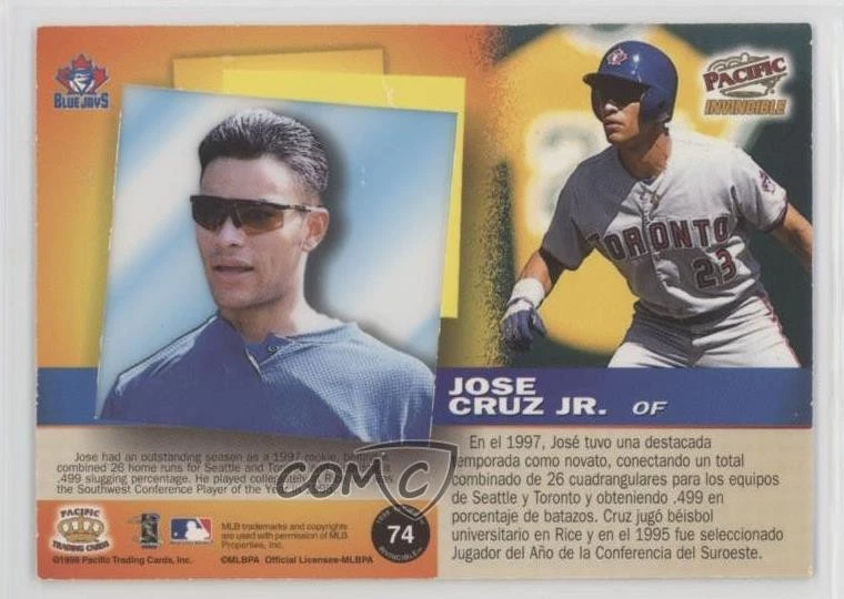 1998 Pacific Invincible Jose Cruz Jr #74 - Image 2 of 2