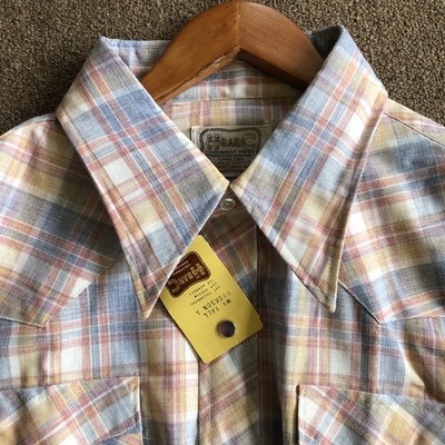 Vtg 1970s NOS Mens Shirt USA Pearl Snap 18.5 X 37 H Bar C