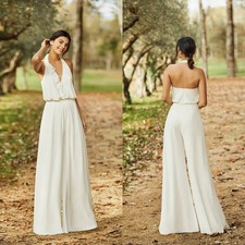Elegant Wedding Jumpsuit Halter A Line Ankle Length Boho Bride Dress Pants Suit