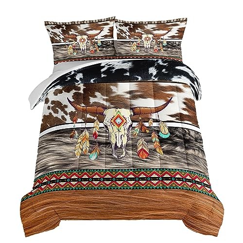 Western Bedding Longhorn Skull Comforter 3 Pieces,Western Full Chocolate - Picture 2 of 6