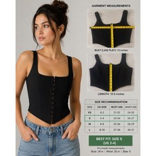 Black Hook and Eye Front Corset Crop Top Square Neck Paneled Bodice Small