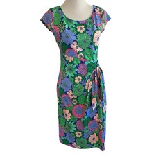 Talbots Effortless Jersey Floral Tie Dress Size S Faux Wrap Cap Sleeve Blue