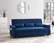 Image of 3 Seater Sofa Bed Pull Out Fabric Velvet Sofabed Grey Blue Linen Chaise