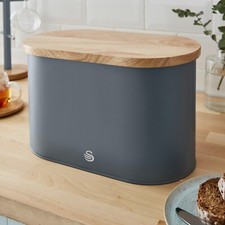 Image of Swan Nordic Grey Bread Bin with Bamboo Cutting Board Lid. Scandinavian Design