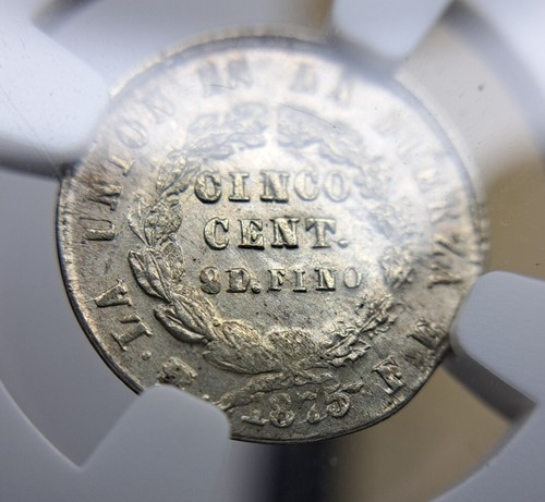 1875 Bolivia 5 Cents Silver NGC MS66 KM-156.1 Gem Uncirculated BU - Picture 3 of 5