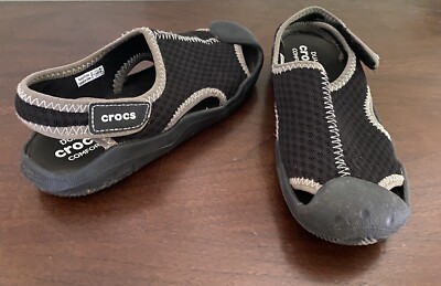 Crocs boys Black Gray Dual Outdoor water shoes sandals Hook And Loop Youth 2