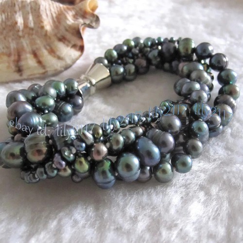 5 Rows 5-9mm Peacock Black Baroque Freshwater Pearl Bracelet 8in Magnetic Clasp - 第 3/8 張圖片