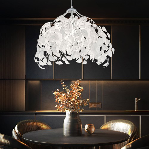 Lampada Pendente a Sospensione Bianco Luce Sala da Pranzo Cromo Foglie H 150 CM - Foto 9 di 12