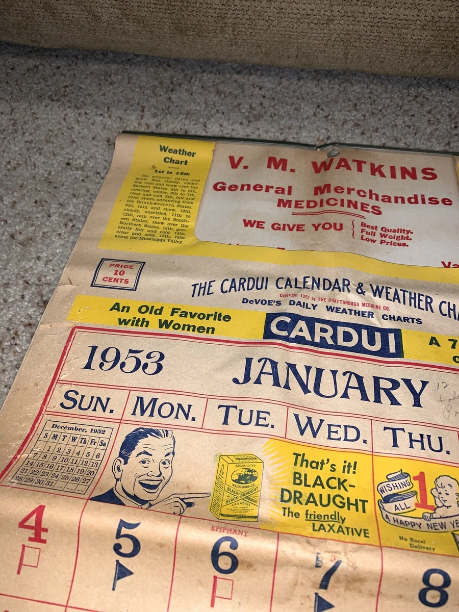 rare V.M Watkins Cardui Calendar & Weather Chart 1953 Providence Forge  Virginia | eBay