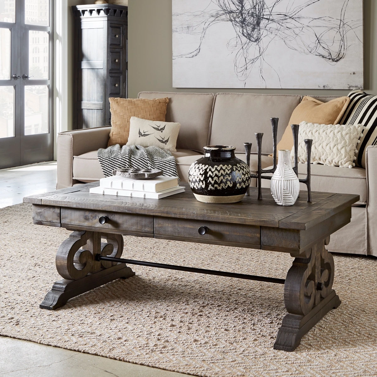 Rustic Puzzle Coffee Table With Removable Glass Top Includes 2