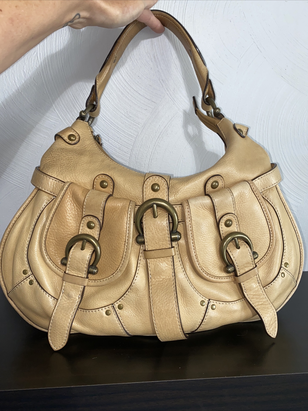 Italian Leather Coccinelle Hobo Purse Tan Camel Gem