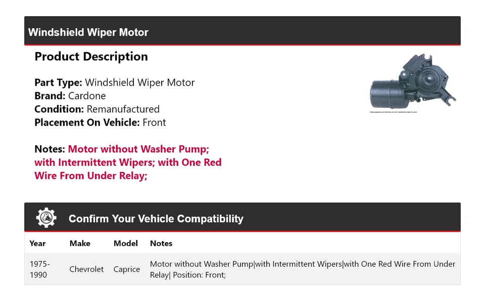 Para Chevrolet Caprice 1975-1990 Limpiaparabrisas Motor Delantero Cardone 1976 1977 Foto 2 de 4