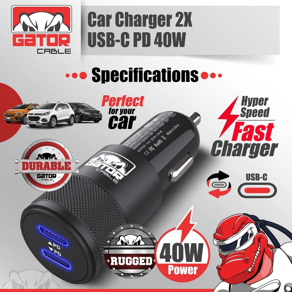 USB-C PD Car Charger 40W 3.1A Fast Charge Dual 2 Port Adapter for Samsung iPhone - Image 4 of 4