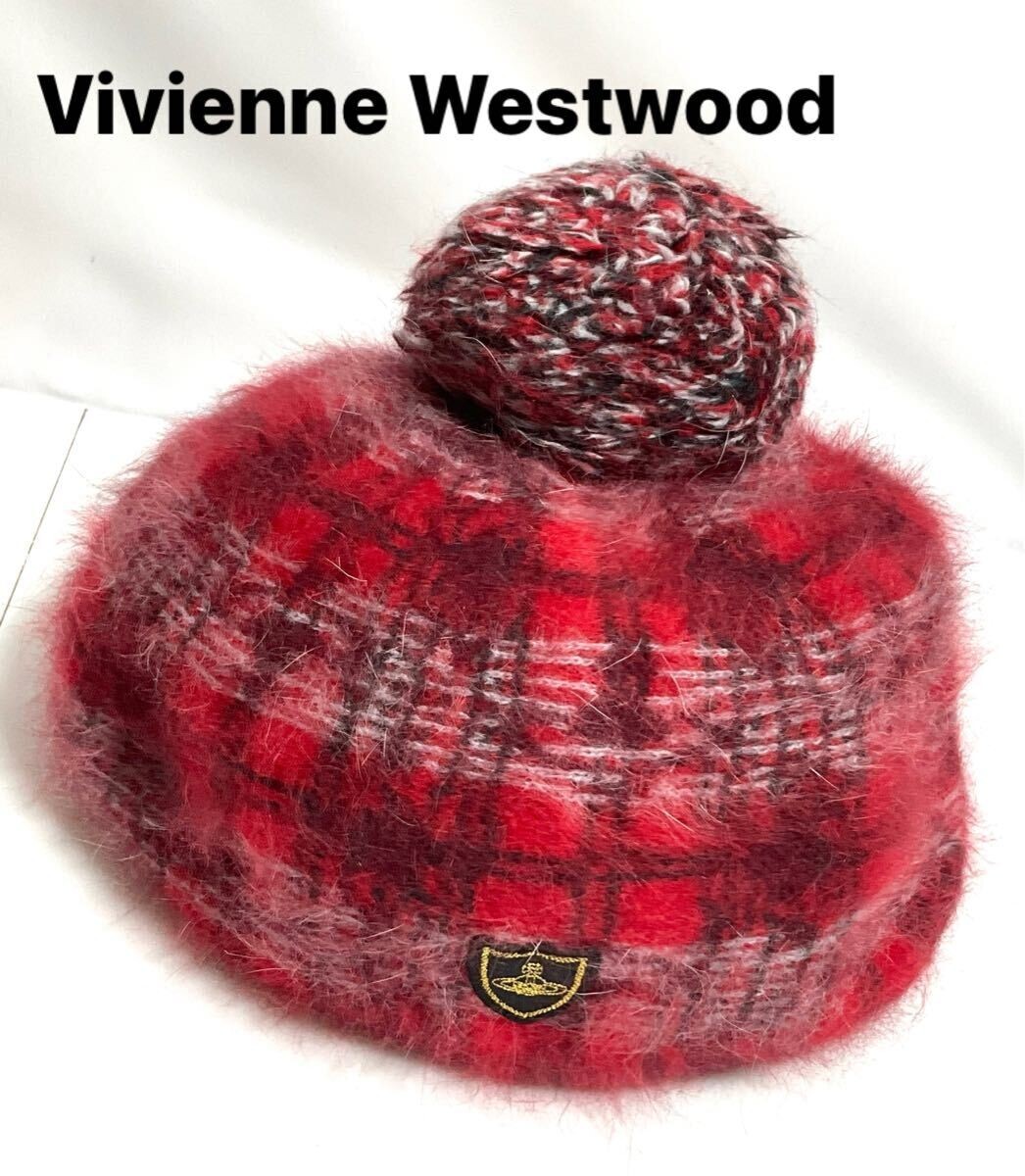 Vivienne Westwood Knit Hat Beret Red Check Pattern One Point Vivienne Westwood Knit Hat Beret Red Check Pattern One Point