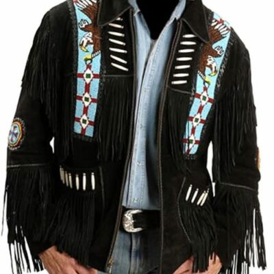 Mantel Wildleder Fransen Jacke Herren Western Jacke Schwarz