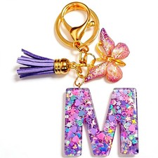 Initial Letter Keychain Cute Keychain Butterfly Sequins Alphabet Resin Name T...