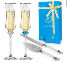 4 Pcs Wedding Cake Knife and Champagne Flutes Server Set for Bride