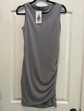 BTFBM Gray Solid Ruched Round Neck Sleeveless Knee Length Bodycon Dress S