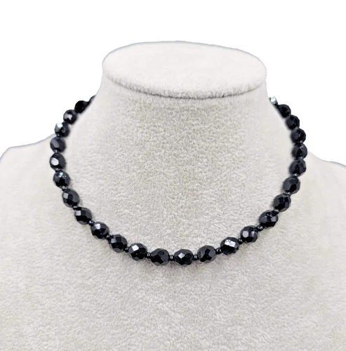 Vintage Black Glass Faceted Bead Necklace Hook Estate Costume Jewelry 15"+