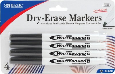 BAZIC Black Fine Tip Dry-Erase Marker, 4 Per Pack