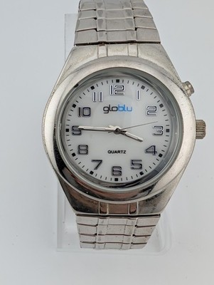 Globlu Watch Men Silver Tone White Dial Easy Read Stretch Band- New Battery