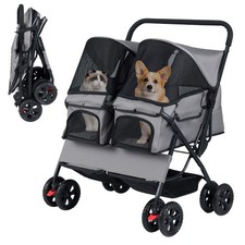 Doppel Haustier Kinderwagen Faltbar Zwilling Hund Walk Jogger mit 2-Sitzer Trage - Grau